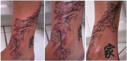 Cherry Blossom And Kanji Ankle Tattoo